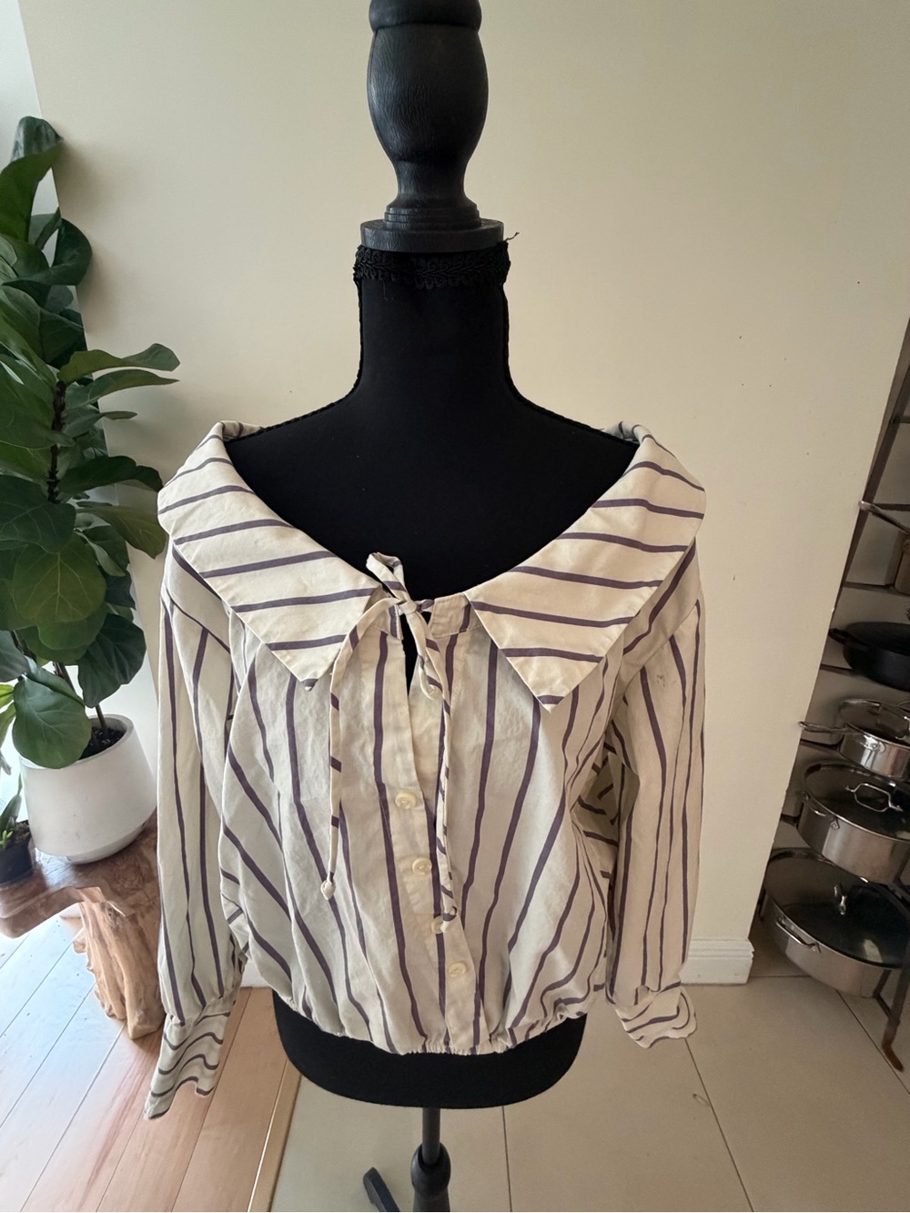 Free People Cream Blouse with Purple Stripes and Sailor Collar
